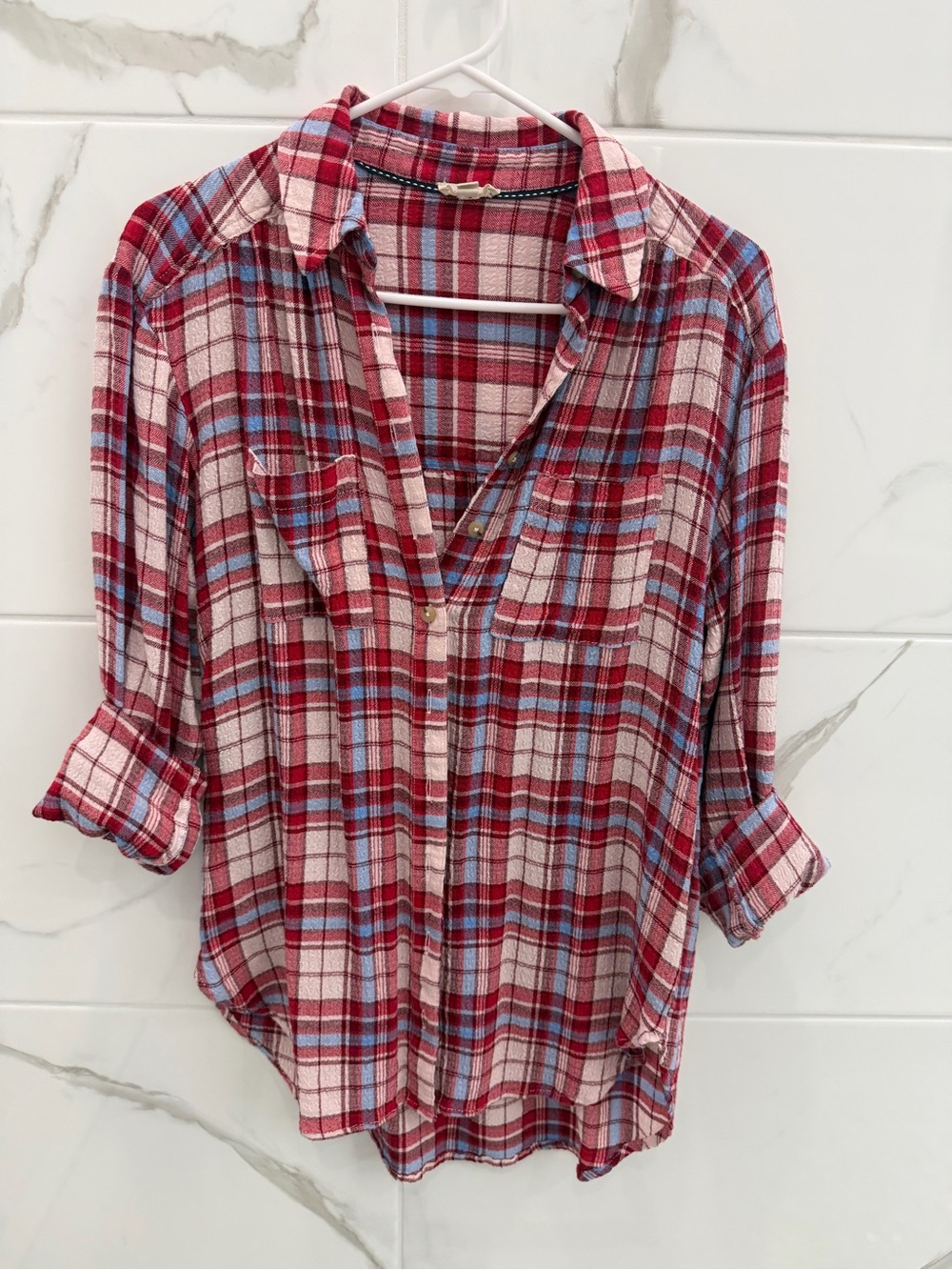 Anthropologie/ Pilcro Red and Blue Plaid Button-Down Shirt—super soft